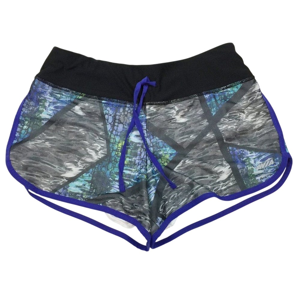 Avia Women Athletic Shorts Size S Black Blue Geometric Print Drawstring‎